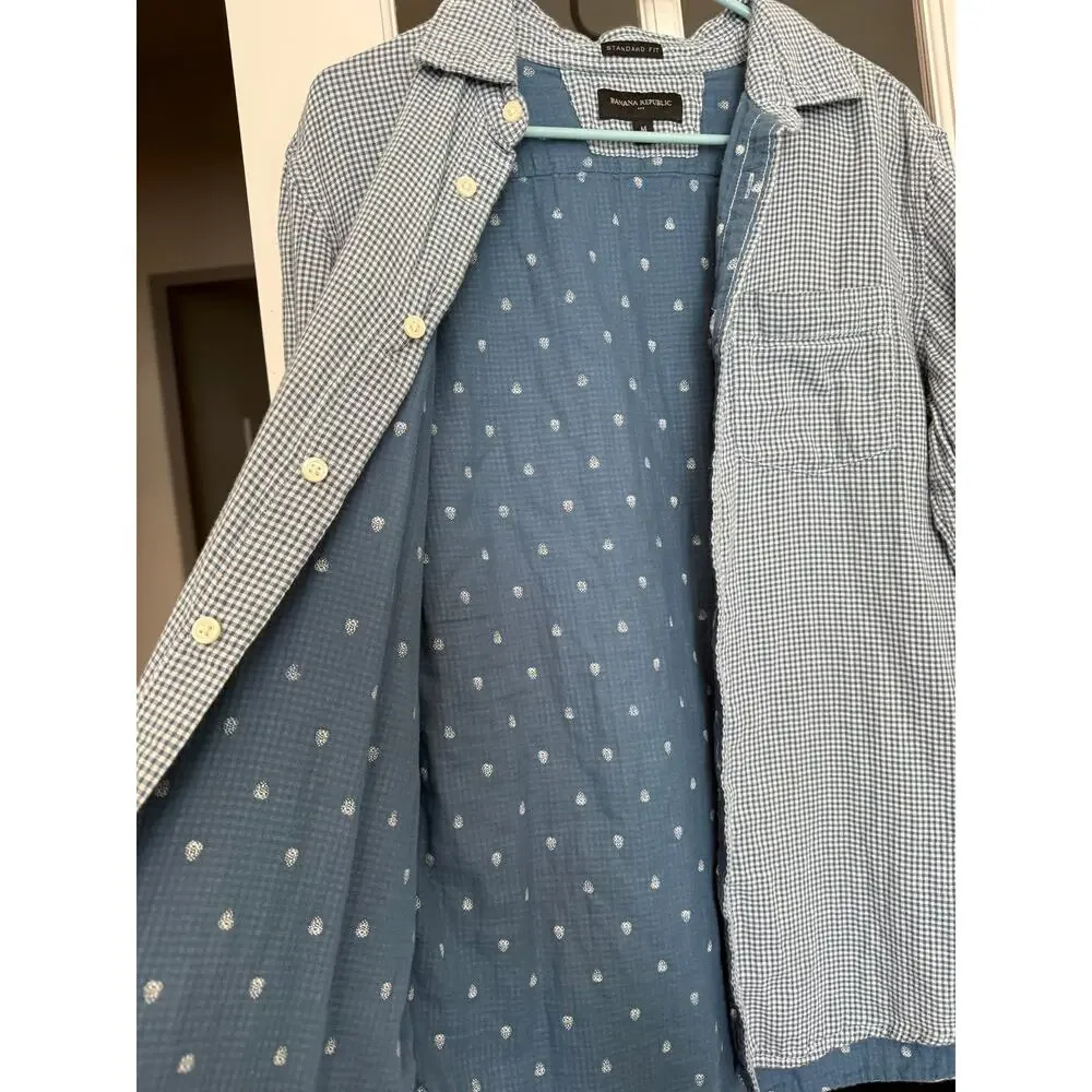 Banana Republic Men’s Standard Fit Button Down Shirt Blue Check Cotton Size M